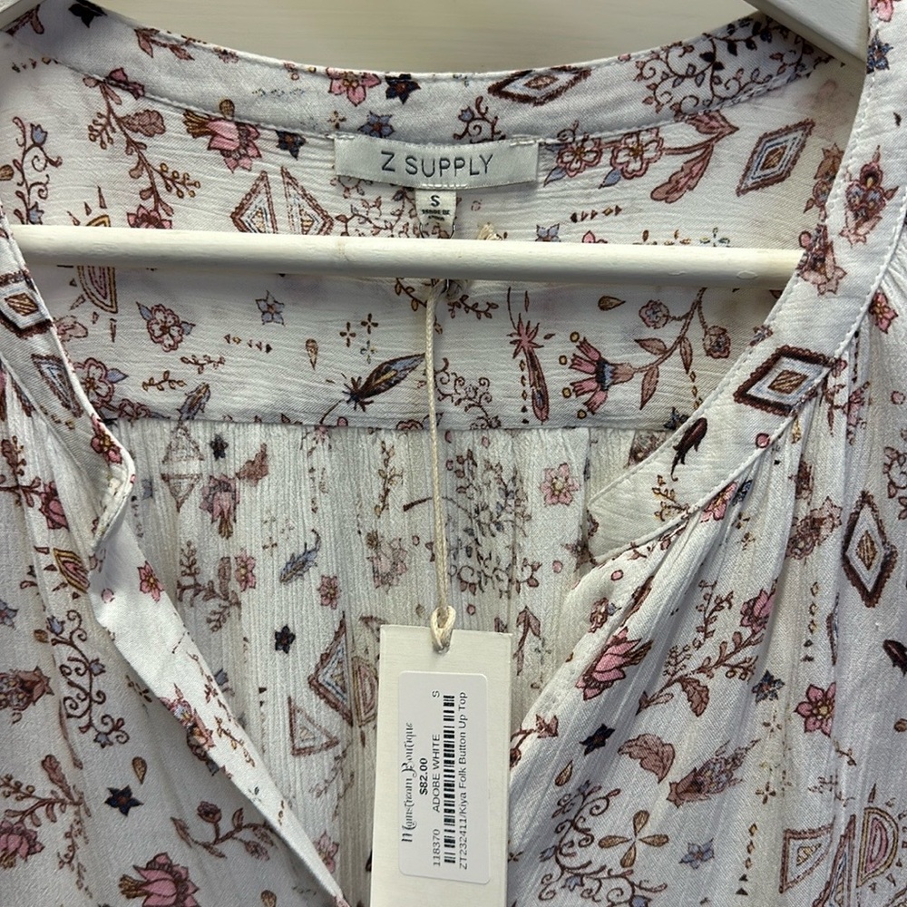 NWT Z Supply White and Brown Button “Kiya” Folk Button Down Shirt - Picture 8 of 9